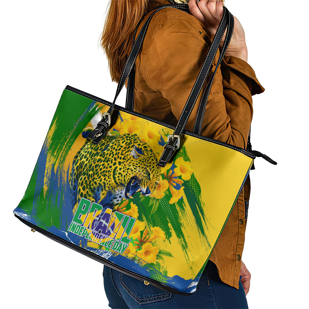 Brazil Independence Day Leather Tote Bag Roaring Jaguar Christ Redeemer Tropical Floral
