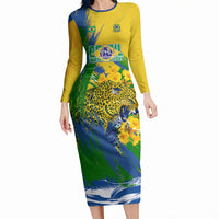 Brazil Independence Day Long Sleeve Bodycon Dress Roaring Jaguar Christ Redeemer Tropical Floral