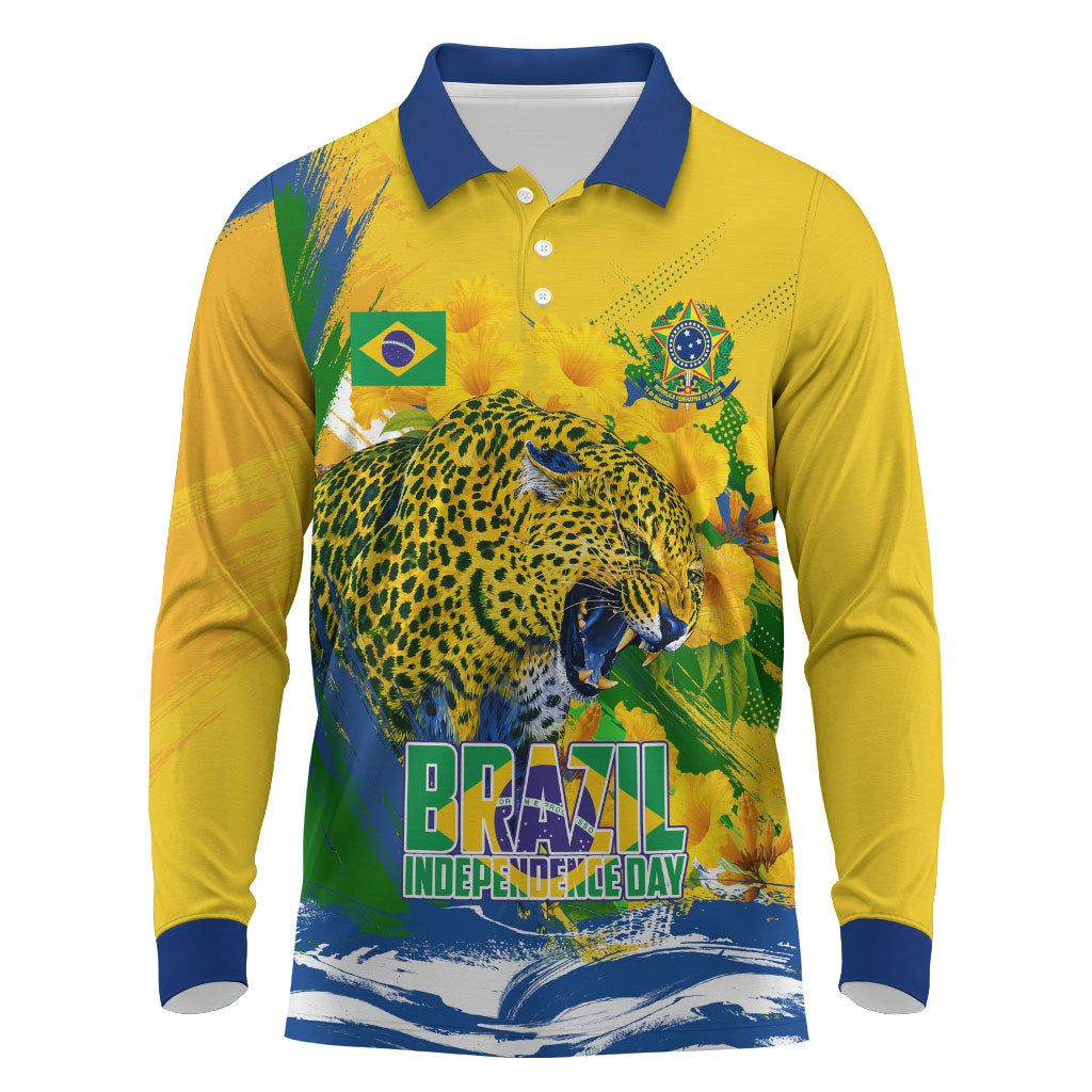 Brazil Independence Day Long Sleeve Polo Shirt Roaring Jaguar Christ Redeemer Tropical Floral