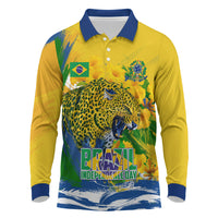 Brazil Independence Day Long Sleeve Polo Shirt Roaring Jaguar Christ Redeemer Tropical Floral