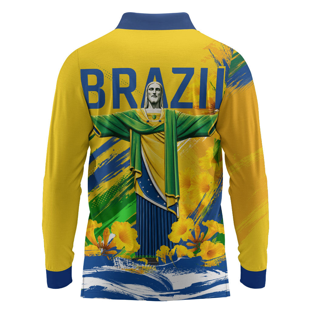 Brazil Independence Day Long Sleeve Polo Shirt Roaring Jaguar Christ Redeemer Tropical Floral