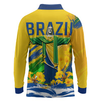 Brazil Independence Day Long Sleeve Polo Shirt Roaring Jaguar Christ Redeemer Tropical Floral