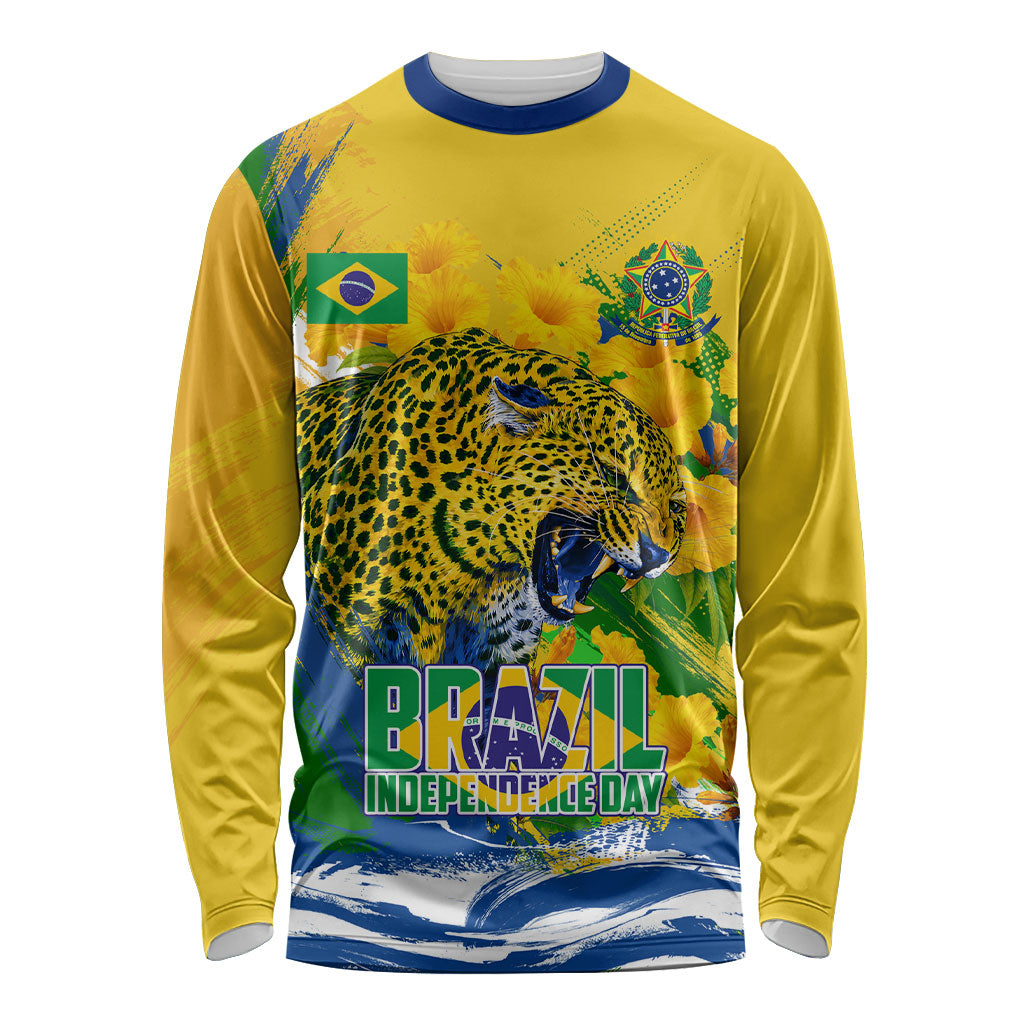 Brazil Independence Day Long Sleeve Shirt Roaring Jaguar Christ Redeemer Tropical Floral