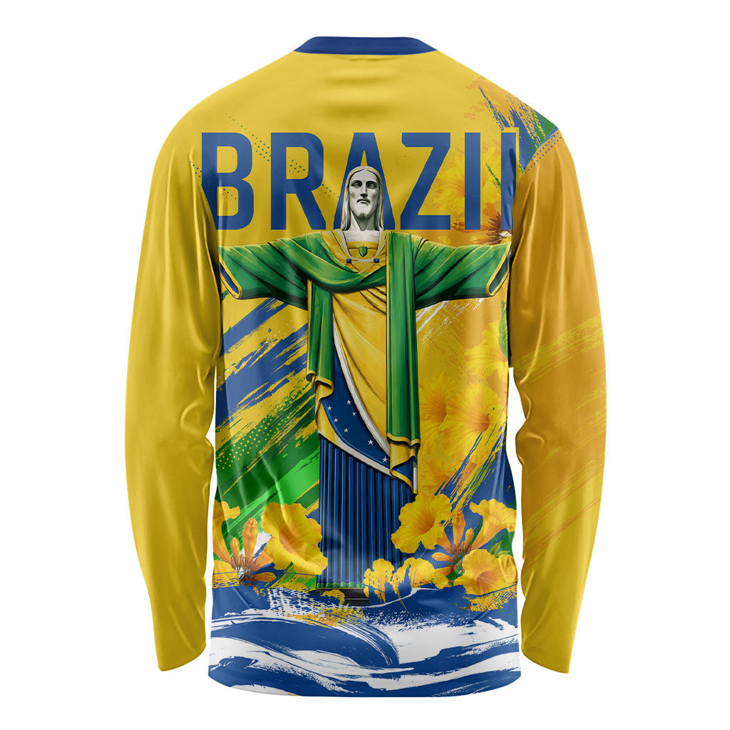 Brazil Independence Day Long Sleeve Shirt Roaring Jaguar Christ Redeemer Tropical Floral