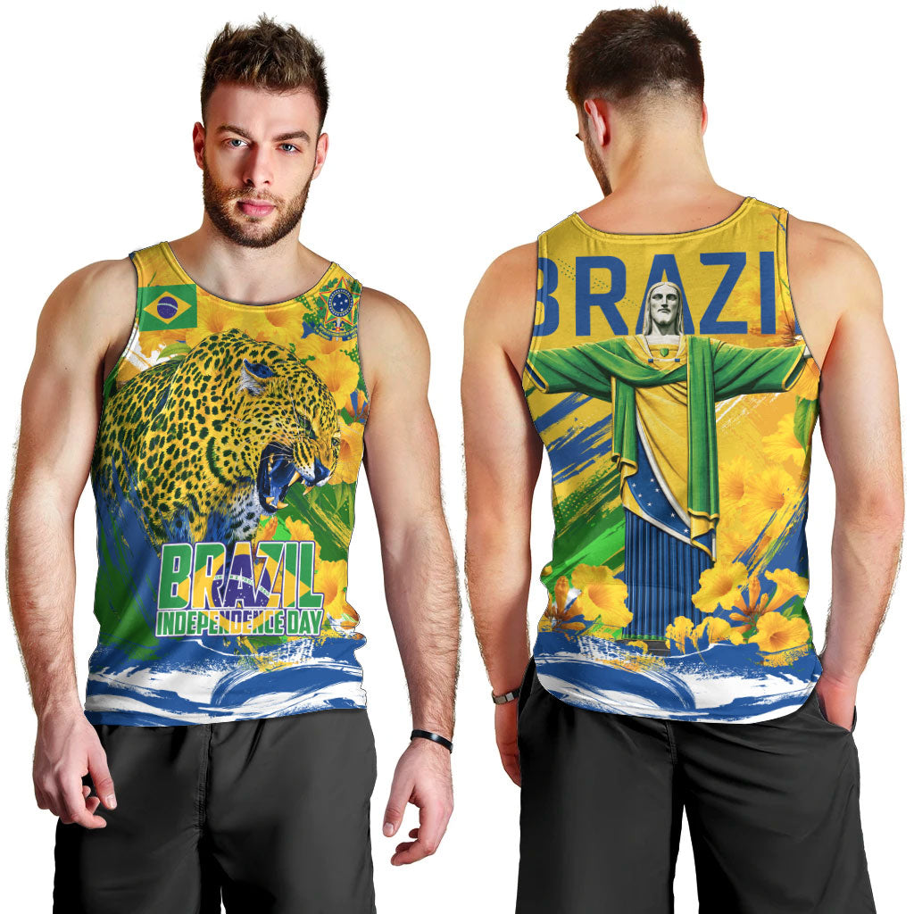 Brazil Independence Day Men Tank Top Roaring Jaguar Christ Redeemer Tropical Floral