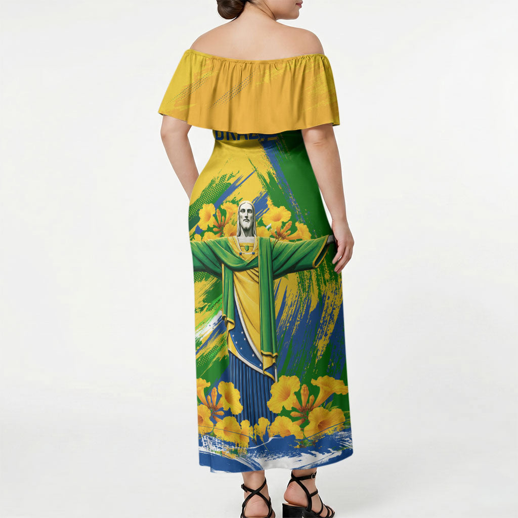 Brazil Independence Day Off Shoulder Maxi Dress Roaring Jaguar Christ Redeemer Tropical Floral