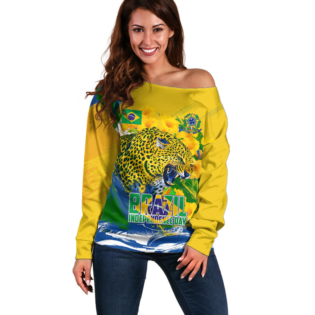 Brazil Independence Day Off Shoulder Sweater Roaring Jaguar Christ Redeemer Tropical Floral