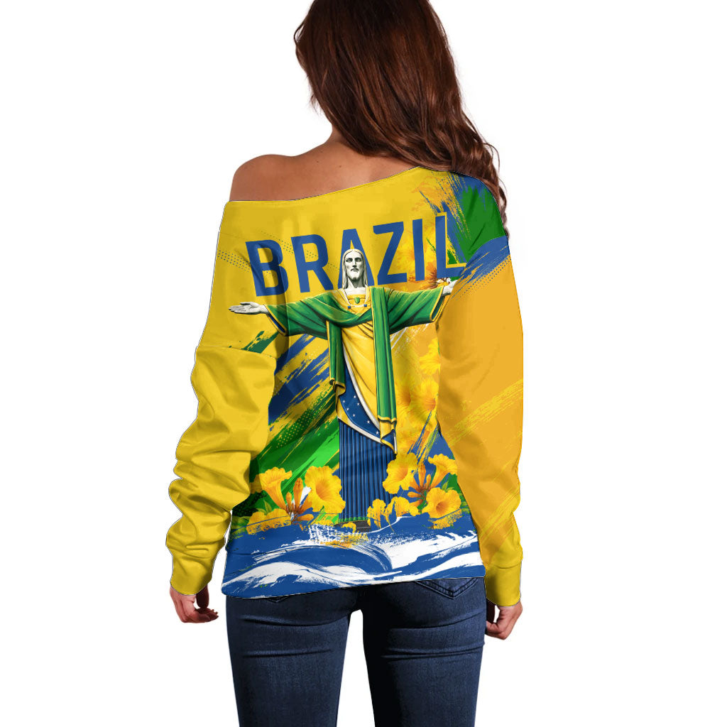 Brazil Independence Day Off Shoulder Sweater Roaring Jaguar Christ Redeemer Tropical Floral