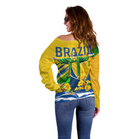 Brazil Independence Day Off Shoulder Sweater Roaring Jaguar Christ Redeemer Tropical Floral