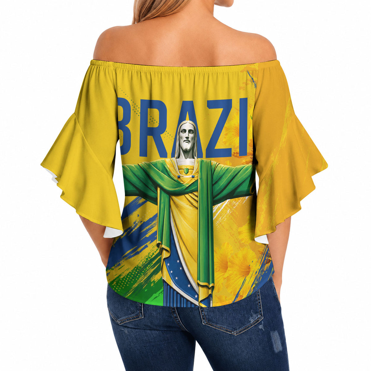 Brazil Independence Day Off Shoulder Wrap Waist Top Roaring Jaguar Christ Redeemer Tropical Floral