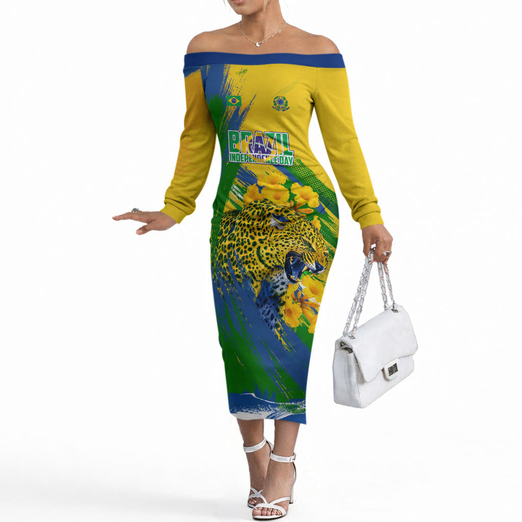 Brazil Independence Day Off The Shoulder Long Sleeve Dress Roaring Jaguar Christ Redeemer Tropical Floral