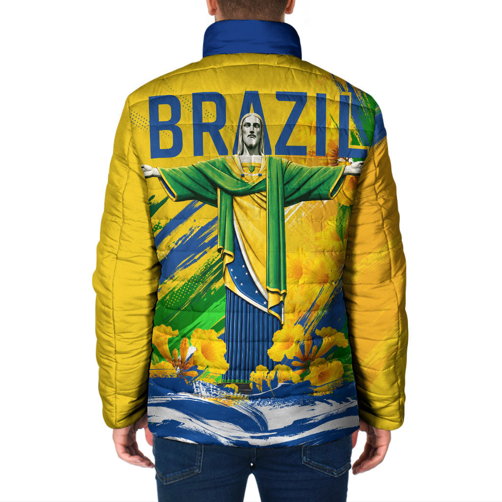 Brazil Independence Day Padded Jacket Roaring Jaguar Christ Redeemer Tropical Floral
