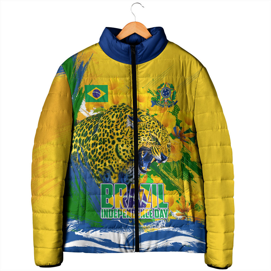 Brazil Independence Day Padded Jacket Roaring Jaguar Christ Redeemer Tropical Floral