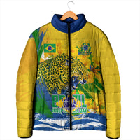 Brazil Independence Day Padded Jacket Roaring Jaguar Christ Redeemer Tropical Floral