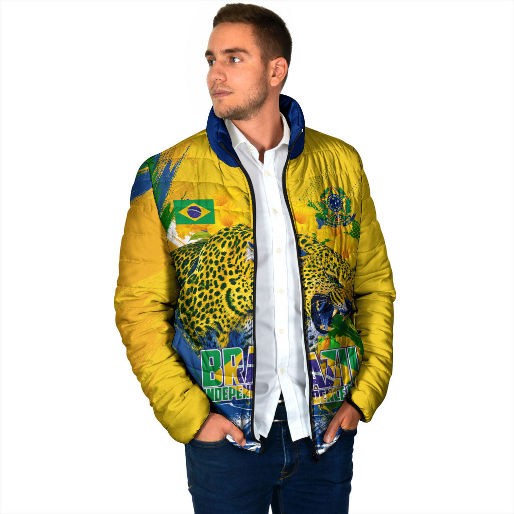 Brazil Independence Day Padded Jacket Roaring Jaguar Christ Redeemer Tropical Floral