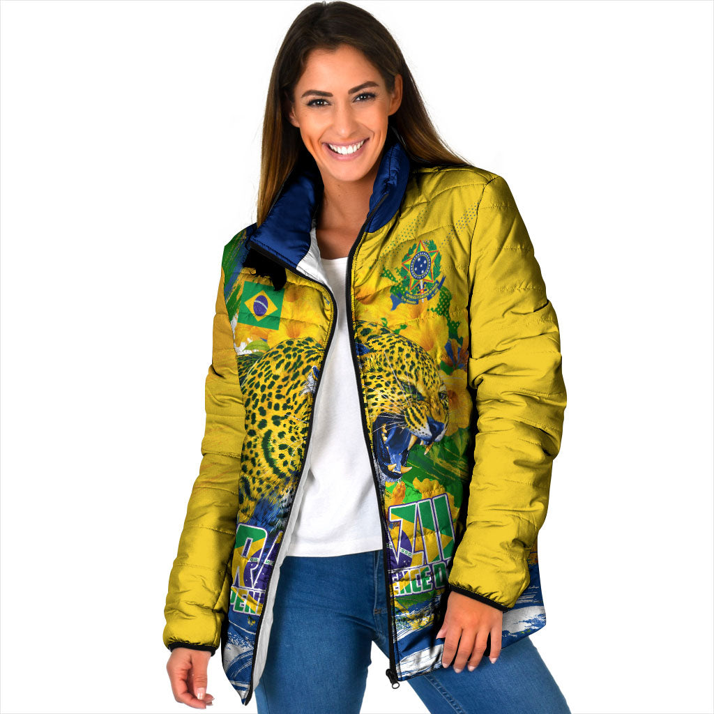 Brazil Independence Day Padded Jacket Roaring Jaguar Christ Redeemer Tropical Floral