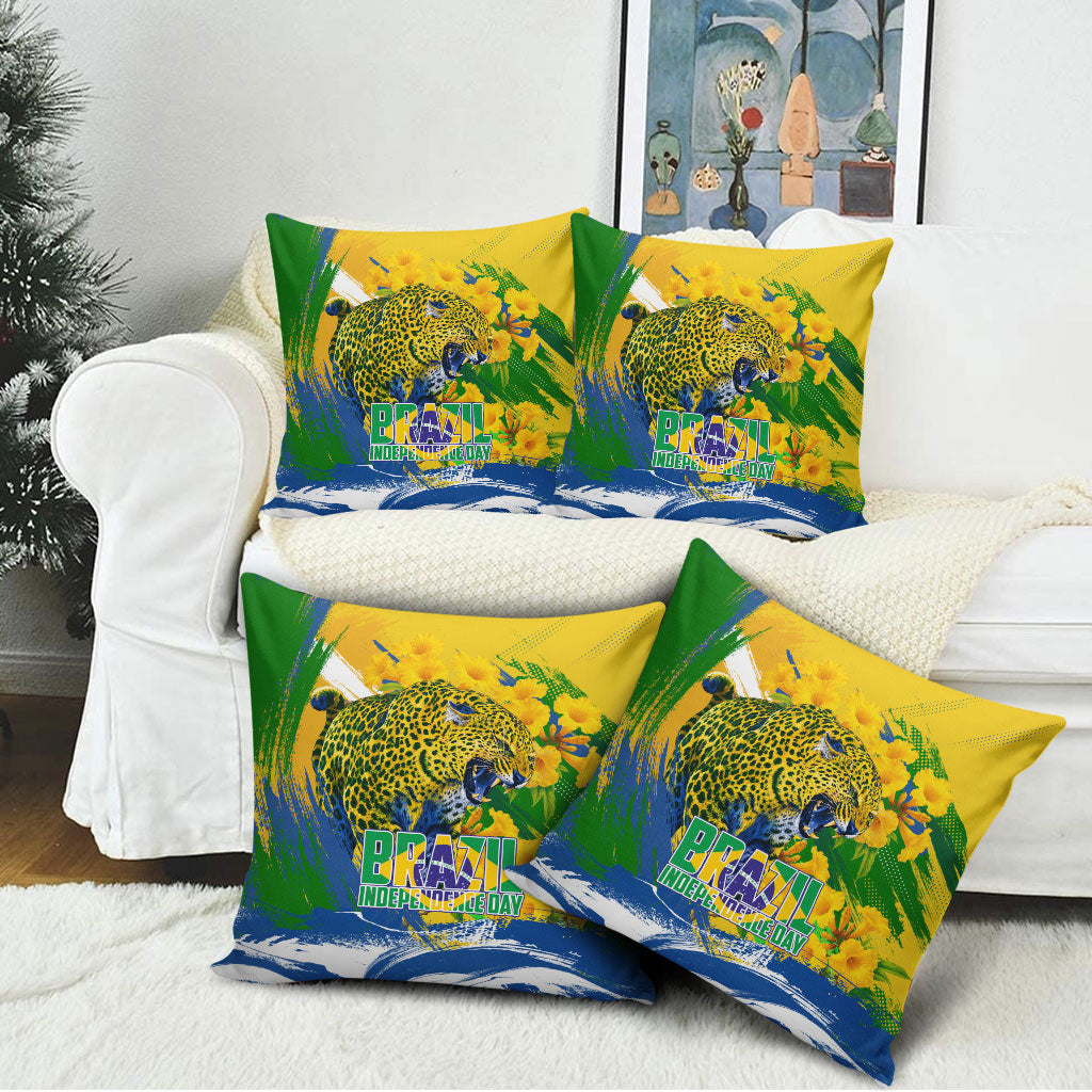 Brazil Independence Day Pillow Cover Roaring Jaguar Christ Redeemer Tropical Floral