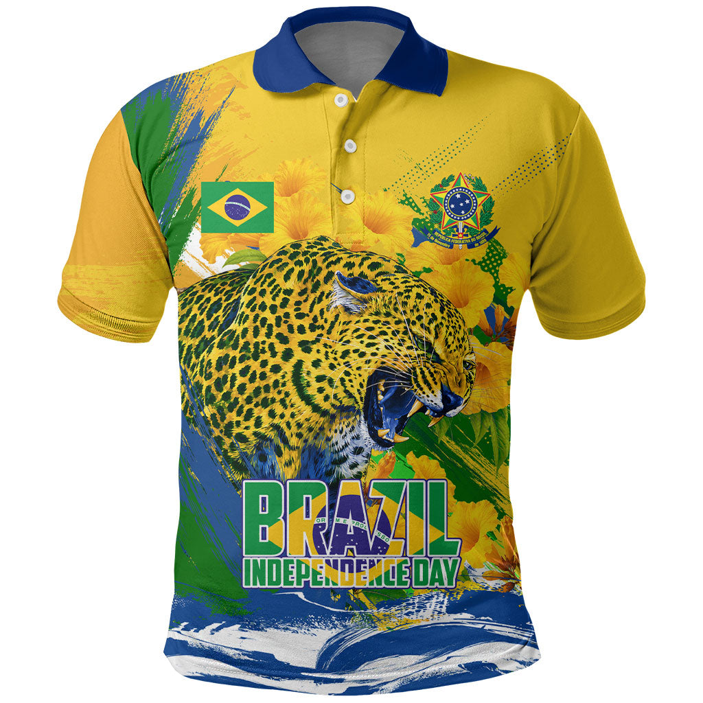 Brazil Independence Day Polo Shirt Roaring Jaguar Christ Redeemer Tropical Floral
