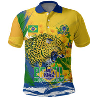 Brazil Independence Day Polo Shirt Roaring Jaguar Christ Redeemer Tropical Floral
