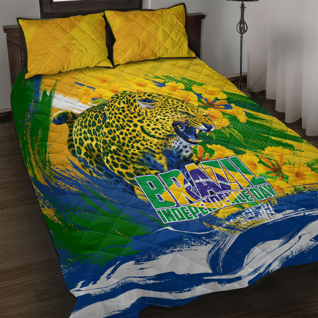 Brazil Independence Day Quilt Bed Set Roaring Jaguar Christ Redeemer Tropical Floral