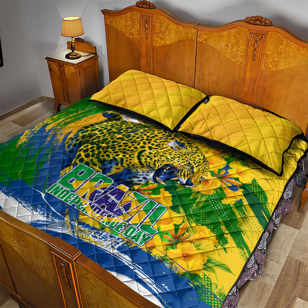 Brazil Independence Day Quilt Bed Set Roaring Jaguar Christ Redeemer Tropical Floral