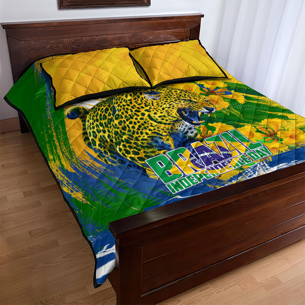 Brazil Independence Day Quilt Bed Set Roaring Jaguar Christ Redeemer Tropical Floral