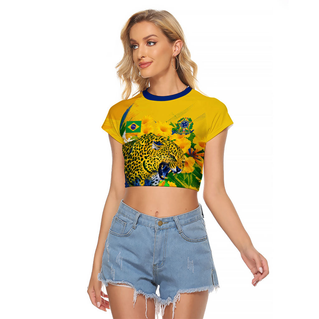 Brazil Independence Day Raglan Cropped T Shirt Roaring Jaguar Christ Redeemer Tropical Floral