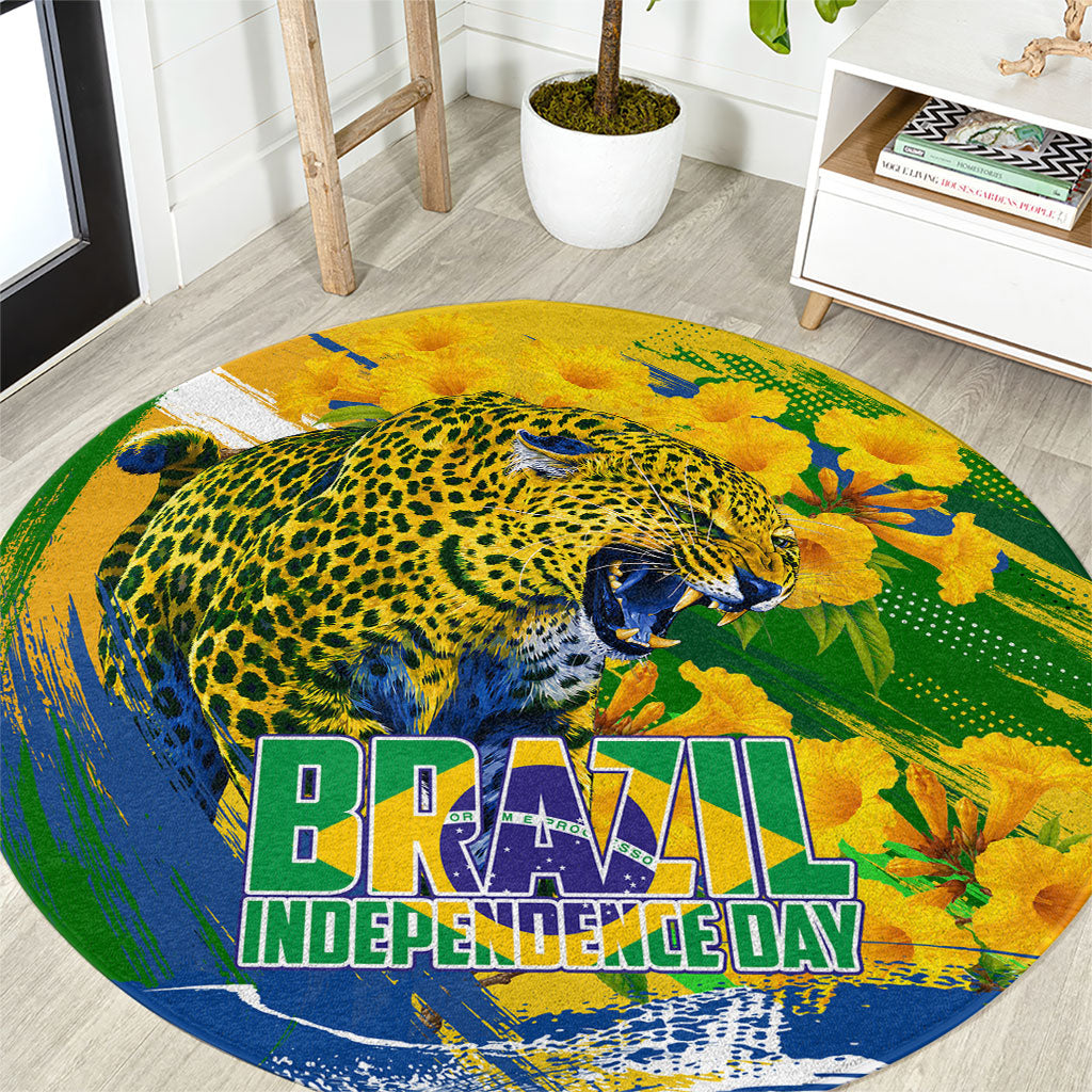 Brazil Independence Day Round Carpet Roaring Jaguar Christ Redeemer Tropical Floral