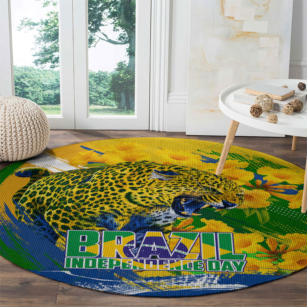 Brazil Independence Day Round Carpet Roaring Jaguar Christ Redeemer Tropical Floral