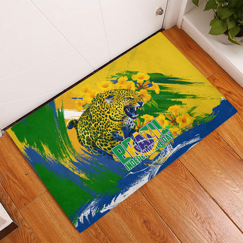 Brazil Independence Day Rubber Doormat Roaring Jaguar Christ Redeemer Tropical Floral