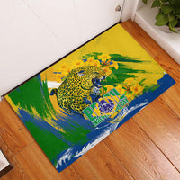 Brazil Independence Day Rubber Doormat Roaring Jaguar Christ Redeemer Tropical Floral