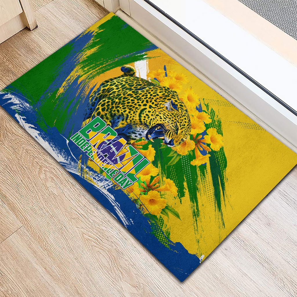 Brazil Independence Day Rubber Doormat Roaring Jaguar Christ Redeemer Tropical Floral