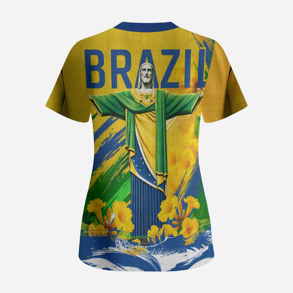 Brazil Independence Day Scrub Top Roaring Jaguar Christ Redeemer Tropical Floral