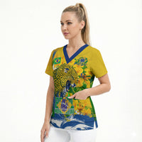 Brazil Independence Day Scrub Top Roaring Jaguar Christ Redeemer Tropical Floral