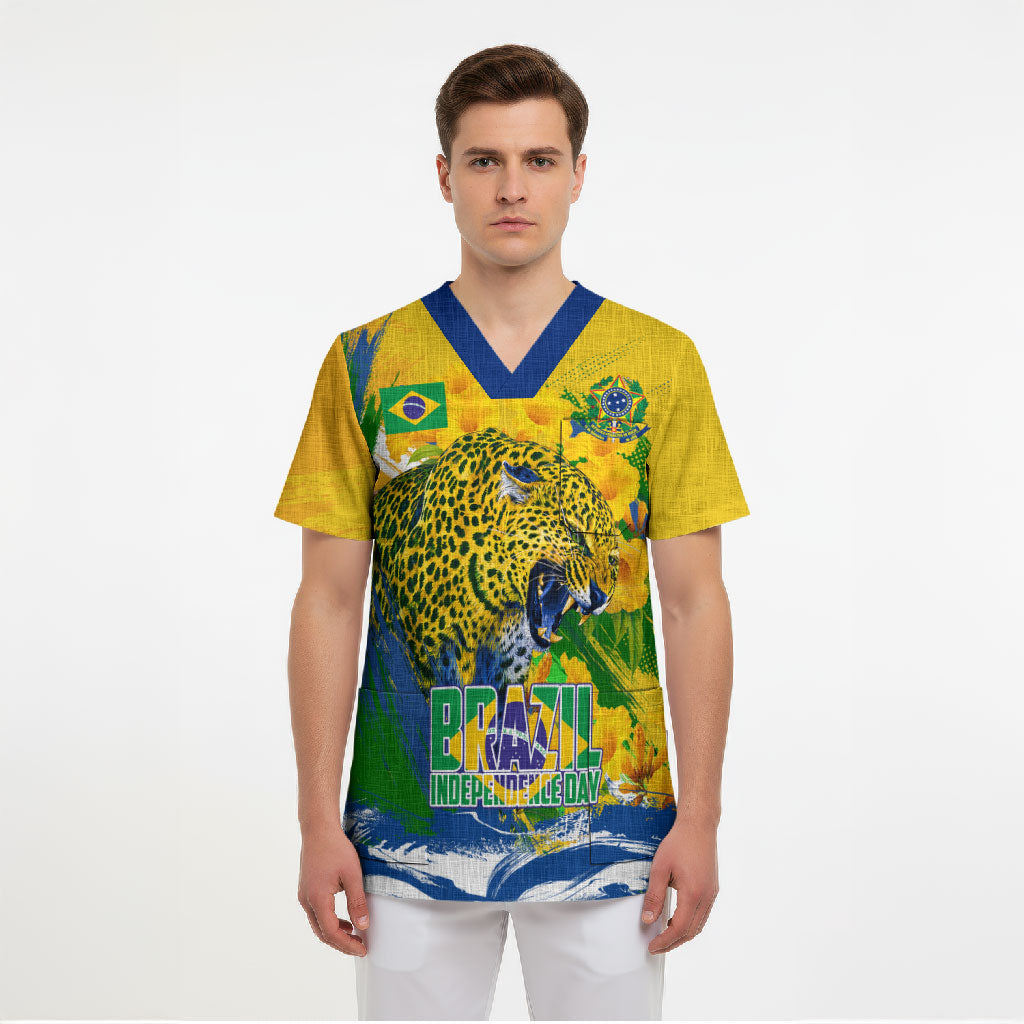 Brazil Independence Day Scrub Top Roaring Jaguar Christ Redeemer Tropical Floral
