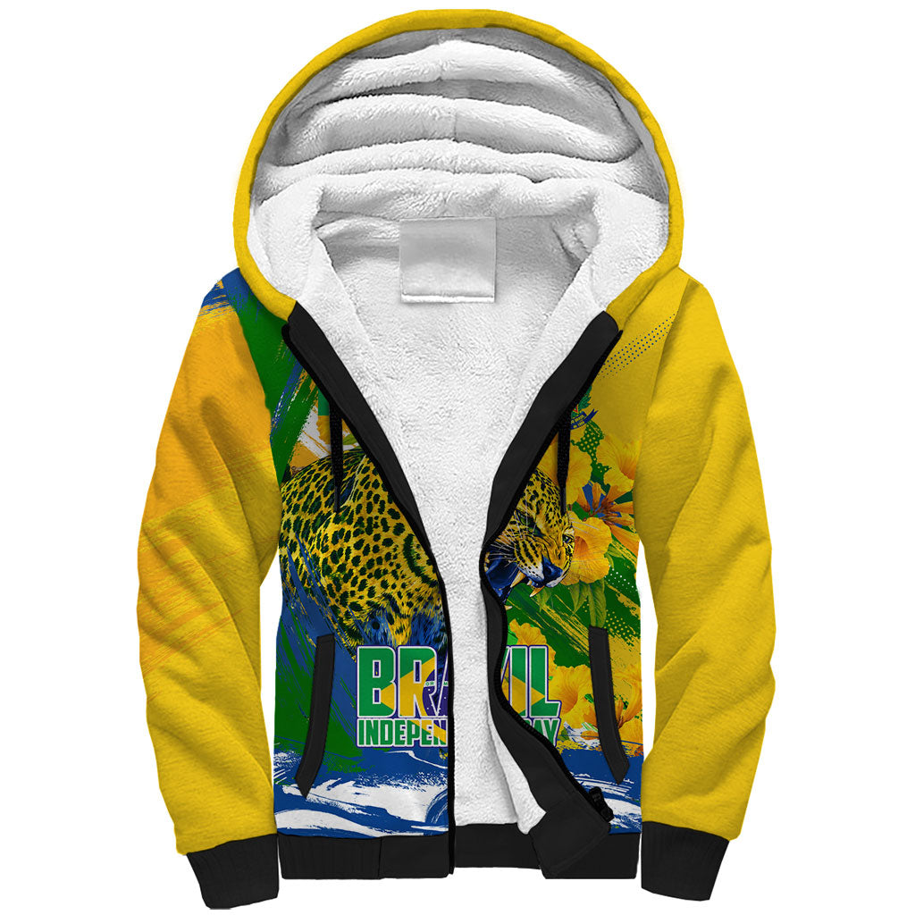 Brazil Independence Day Sherpa Hoodie Roaring Jaguar Christ Redeemer Tropical Floral