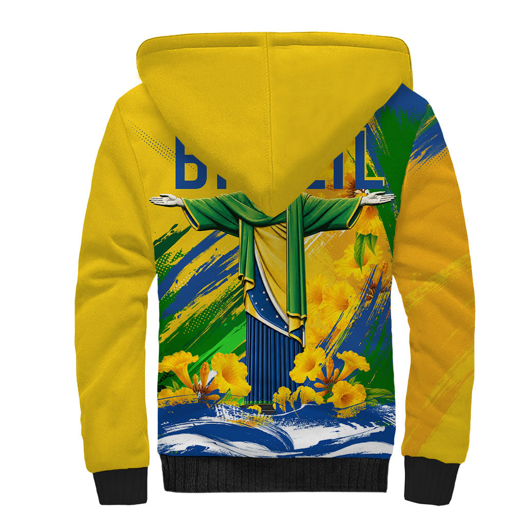 Brazil Independence Day Sherpa Hoodie Roaring Jaguar Christ Redeemer Tropical Floral