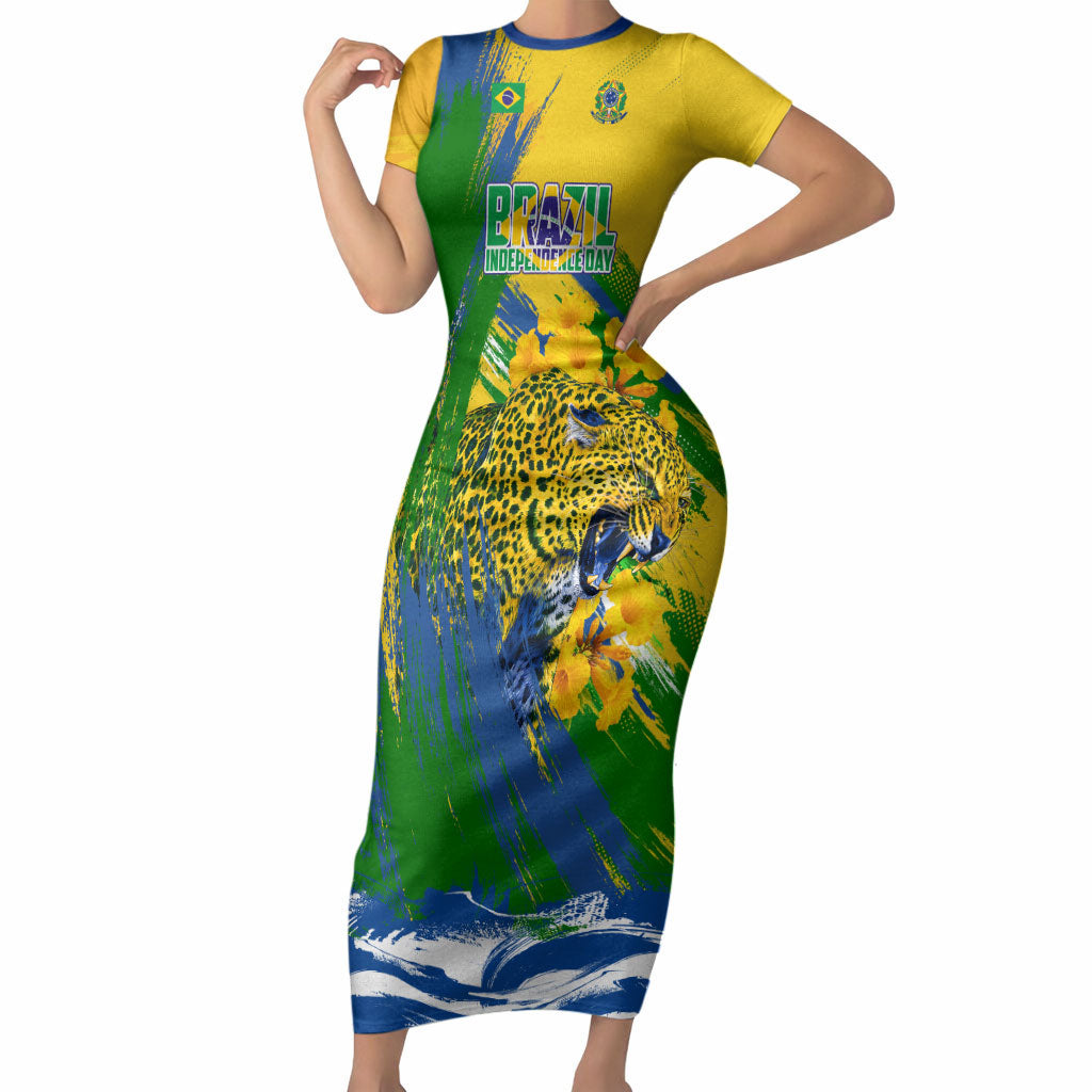 Brazil Independence Day Short Sleeve Bodycon Dress Roaring Jaguar Christ Redeemer Tropical Floral