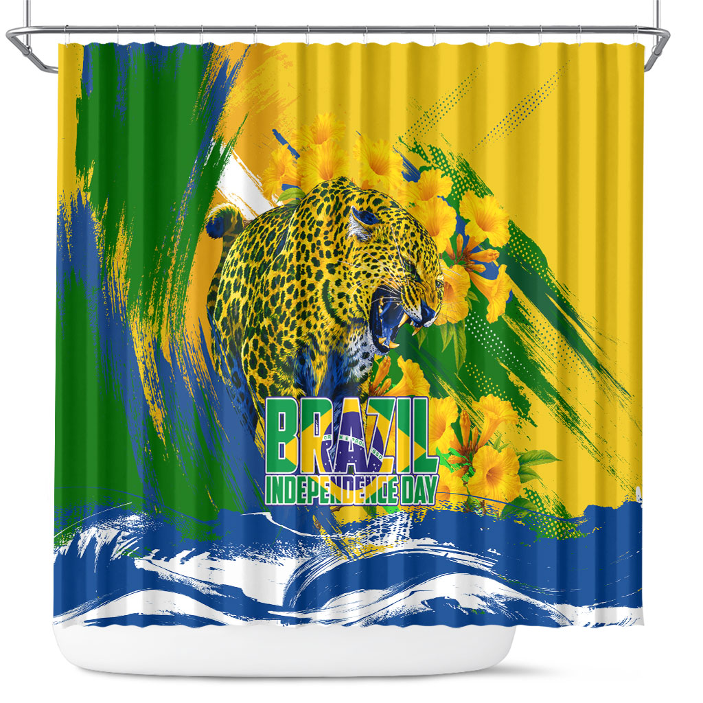 Brazil Independence Day Shower Curtain Roaring Jaguar Christ Redeemer Tropical Floral