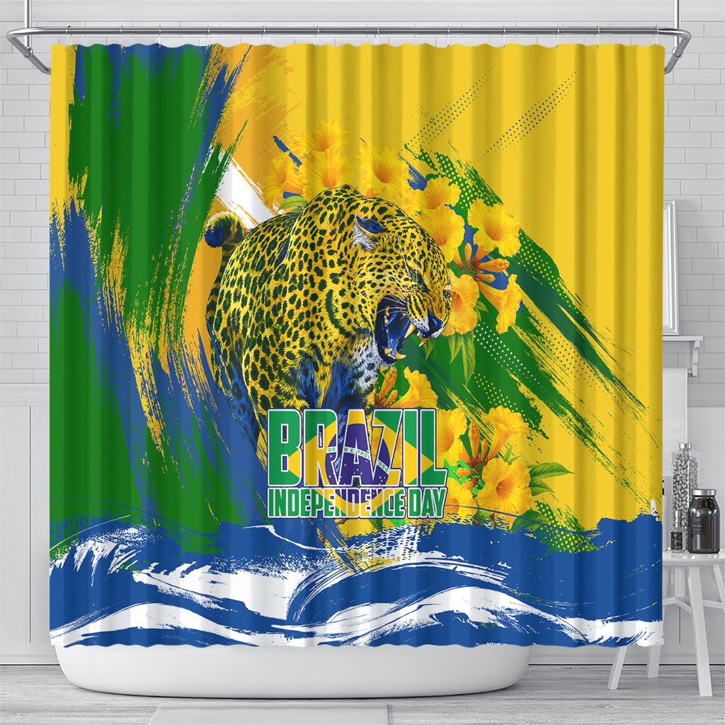 Brazil Independence Day Shower Curtain Roaring Jaguar Christ Redeemer Tropical Floral