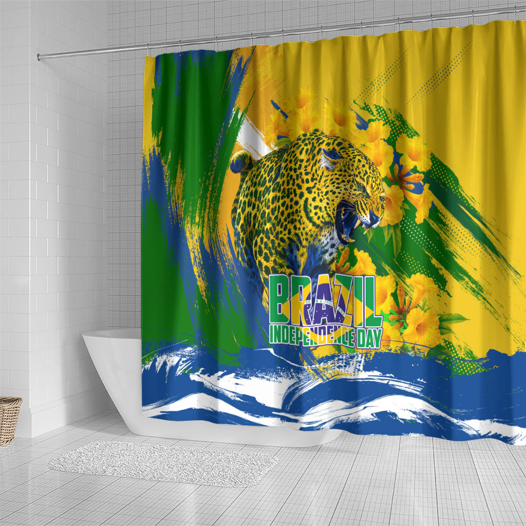Brazil Independence Day Shower Curtain Roaring Jaguar Christ Redeemer Tropical Floral