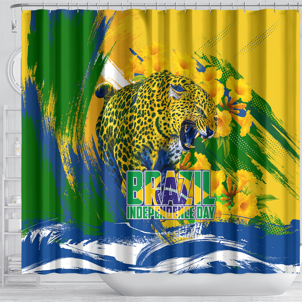 Brazil Independence Day Shower Curtain Roaring Jaguar Christ Redeemer Tropical Floral