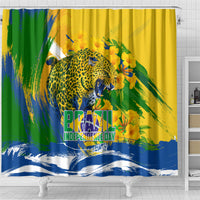 Brazil Independence Day Shower Curtain Roaring Jaguar Christ Redeemer Tropical Floral
