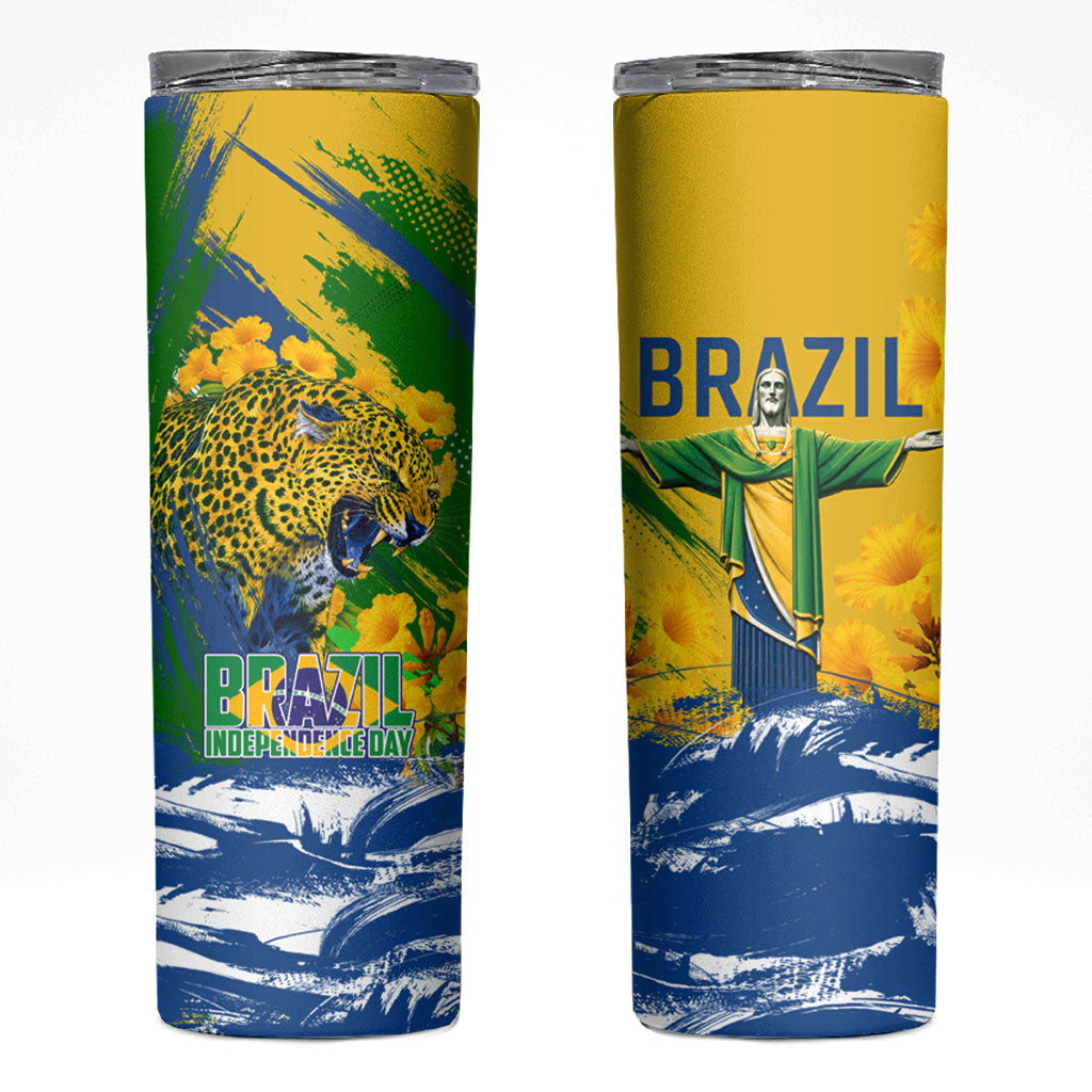 Brazil Independence Day Skinny Tumbler Roaring Jaguar Christ Redeemer Tropical Floral