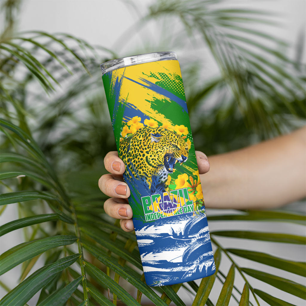 Brazil Independence Day Skinny Tumbler Roaring Jaguar Christ Redeemer Tropical Floral