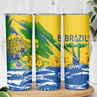 Brazil Independence Day Skinny Tumbler Roaring Jaguar Christ Redeemer Tropical Floral