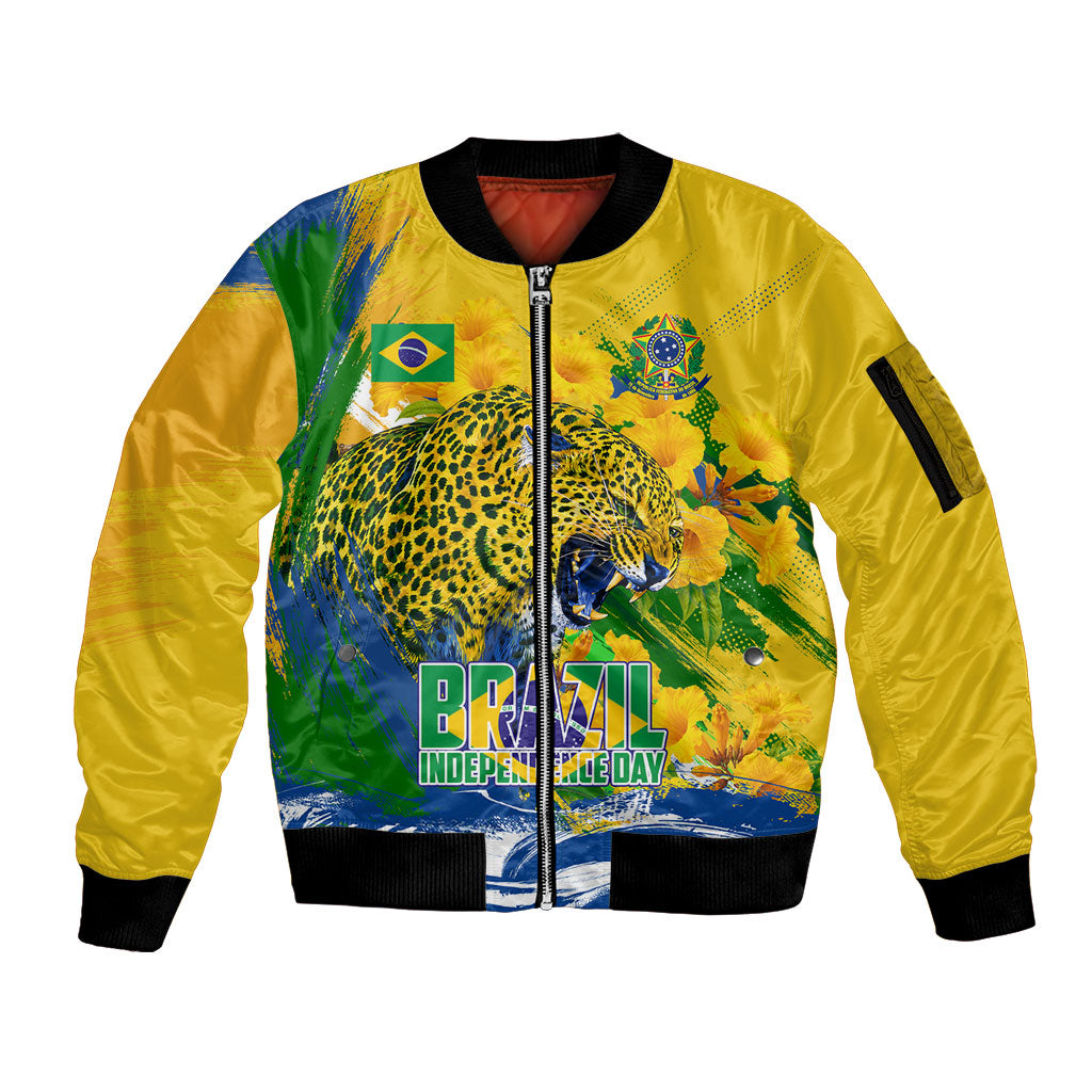 Brazil Independence Day Sleeve Zip Bomber Jacket Roaring Jaguar Christ Redeemer Tropical Floral