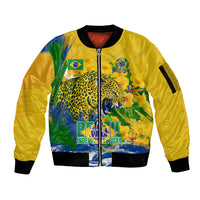 Brazil Independence Day Sleeve Zip Bomber Jacket Roaring Jaguar Christ Redeemer Tropical Floral