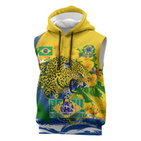 Brazil Independence Day Sleeveless Hoodie Roaring Jaguar Christ Redeemer Tropical Floral