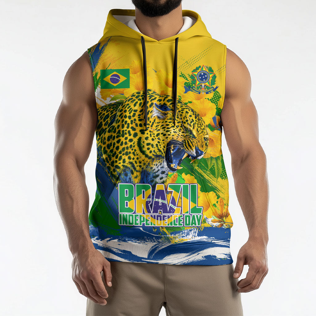 Brazil Independence Day Sleeveless Hoodie Roaring Jaguar Christ Redeemer Tropical Floral